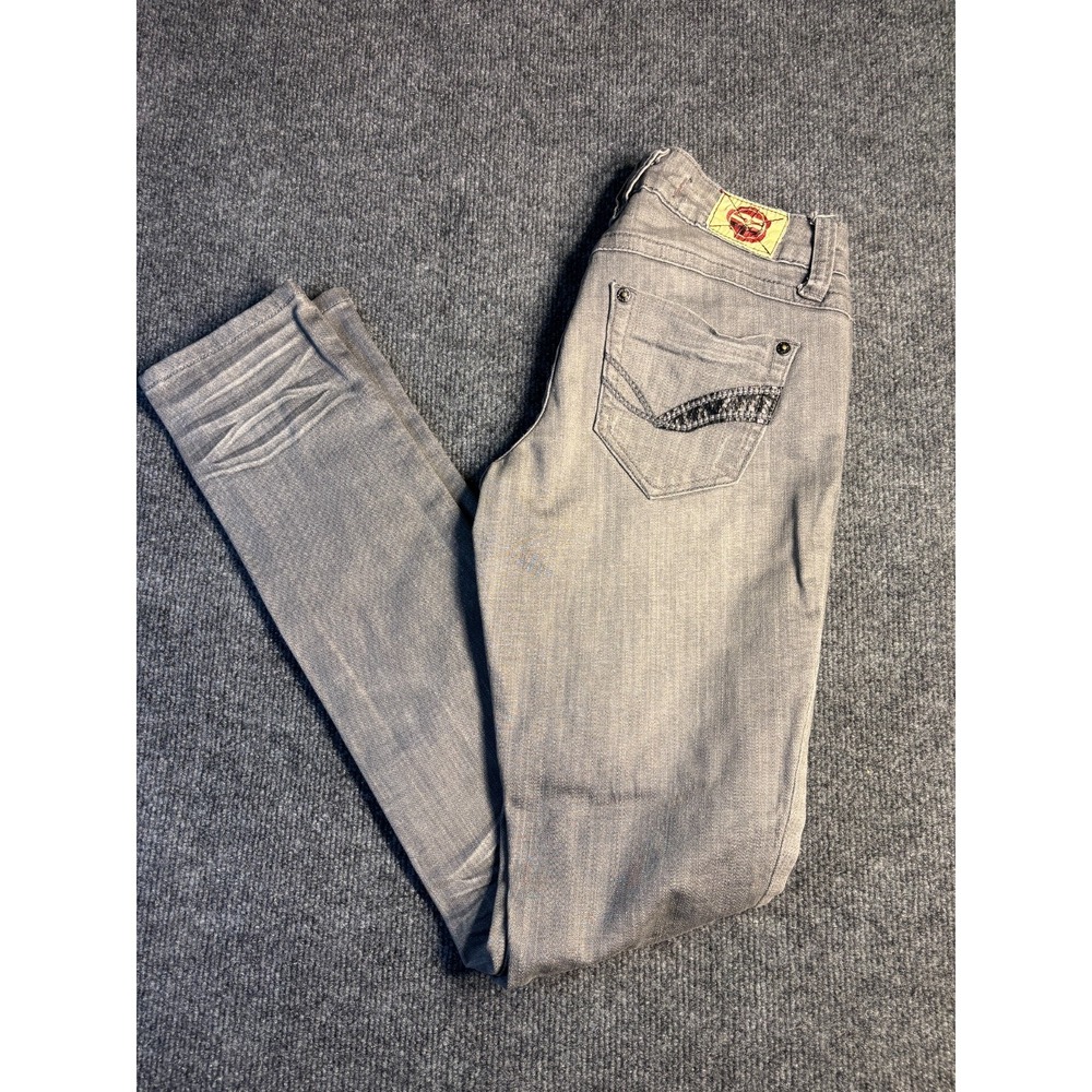 T-Five Skinny Jeans Womens 3 Gray Denim Distressed Slim-Fit Low‎ Rise Whiskered